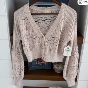 NWT Altar’d State Lacey Cropped Button Down Soft Fuzzy Taupe Cardigan Sweater